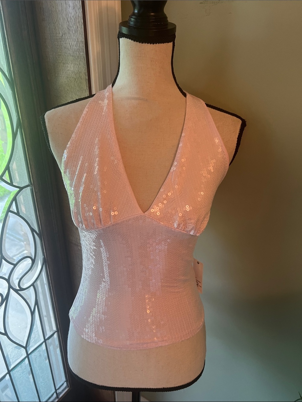 Sequin Halter Camisole Top in Pale Pink